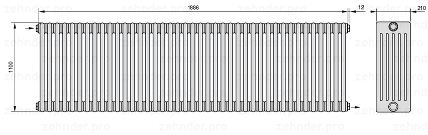 Схема (чертеж) Радиатор Zehnder Charleston 6110/41 №1670 Белый глянцевый RAL 9016